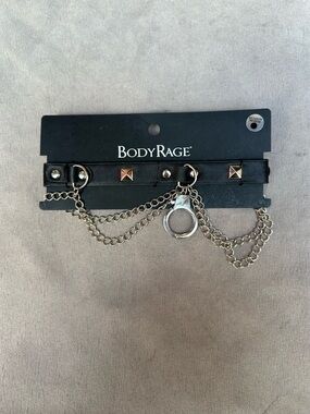 BodyRage Black Faux Leather Choker with Silver Chains and Ring